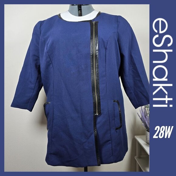 Eshakti Navy Double Breasted Jacket With Faux Leather Trim Size 28W (GUC) - Picture 1 of 11
